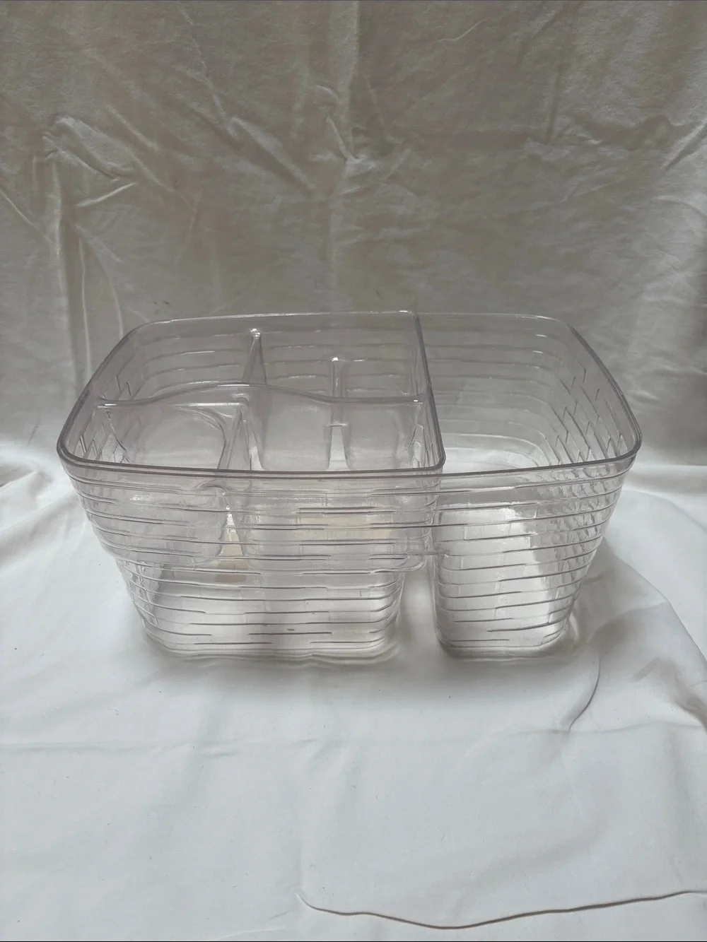Longaberger wood market basket with hinged handles and plastic inserts